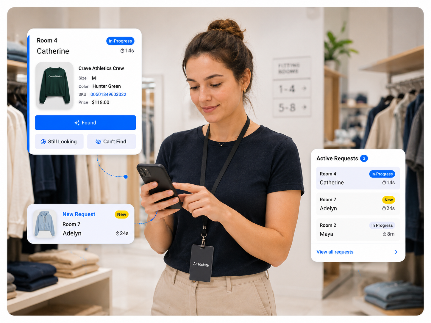 A Crave team member using the Assist app to coordinate fitting room requests on a handheld device.