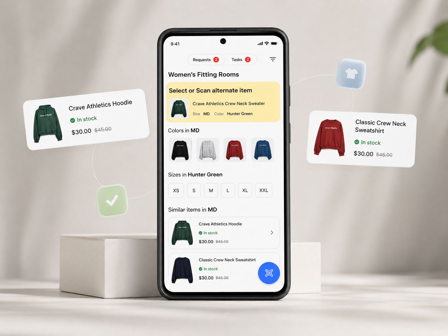 The Crave Assist app surfacing similar in-stock items when a requested item cannot be found.