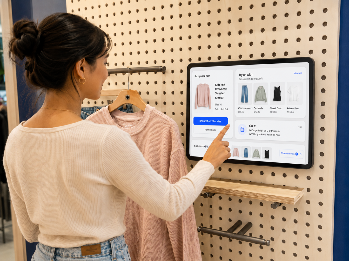 A Crave smart fitting room with an in-room touchscreen showing the shopper's items and styling options.