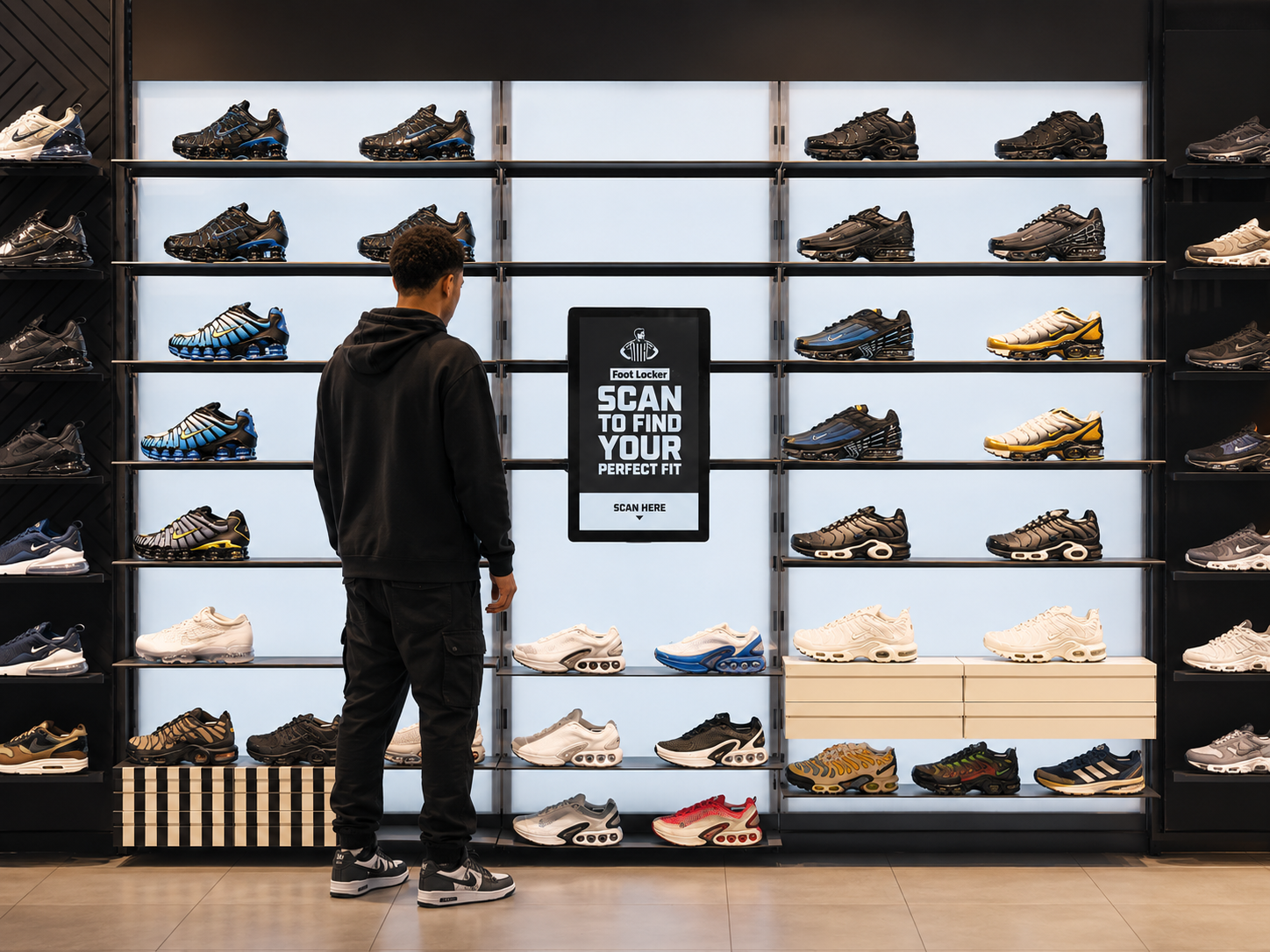 Crave AI digital assistant deployed on a Foot Locker shoe wall, helping shoppers browse and decide.
