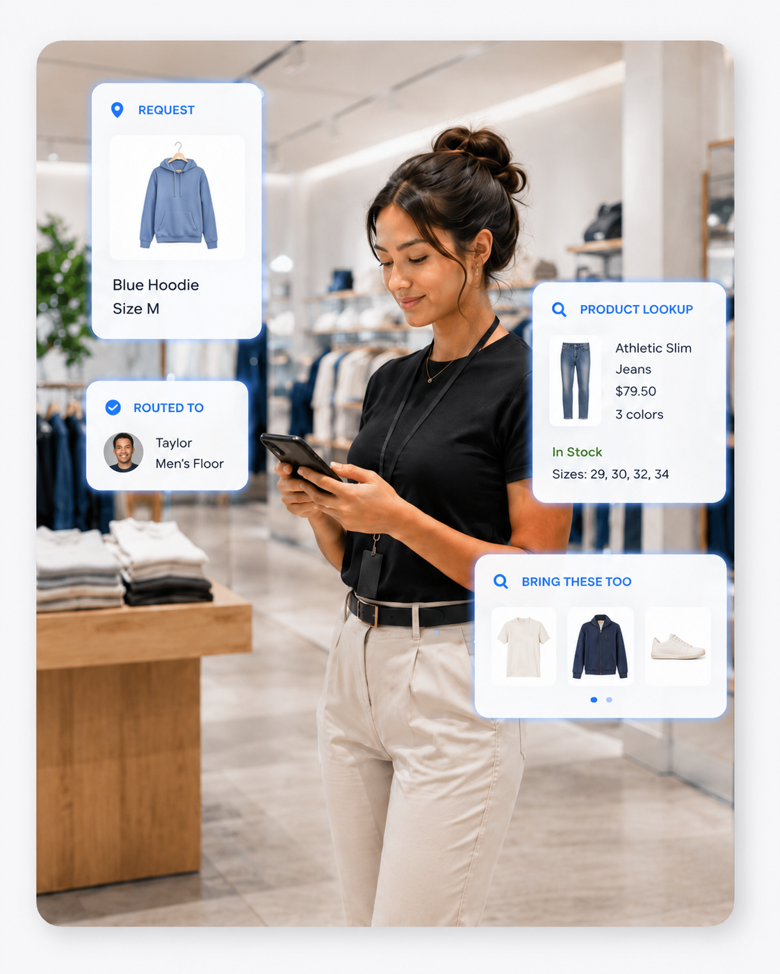 A Crave team member on the sales floor with a handheld device, ready to serve a shopper.
