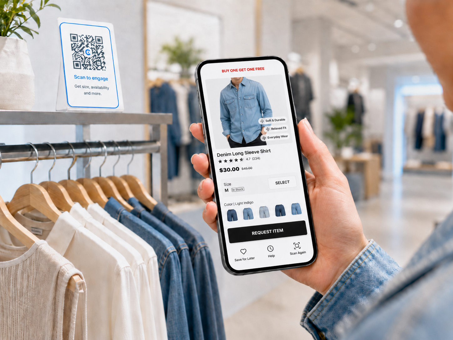A shopper using the Crave AI digital assistant on their phone in store, scanning items and getting recommendations.