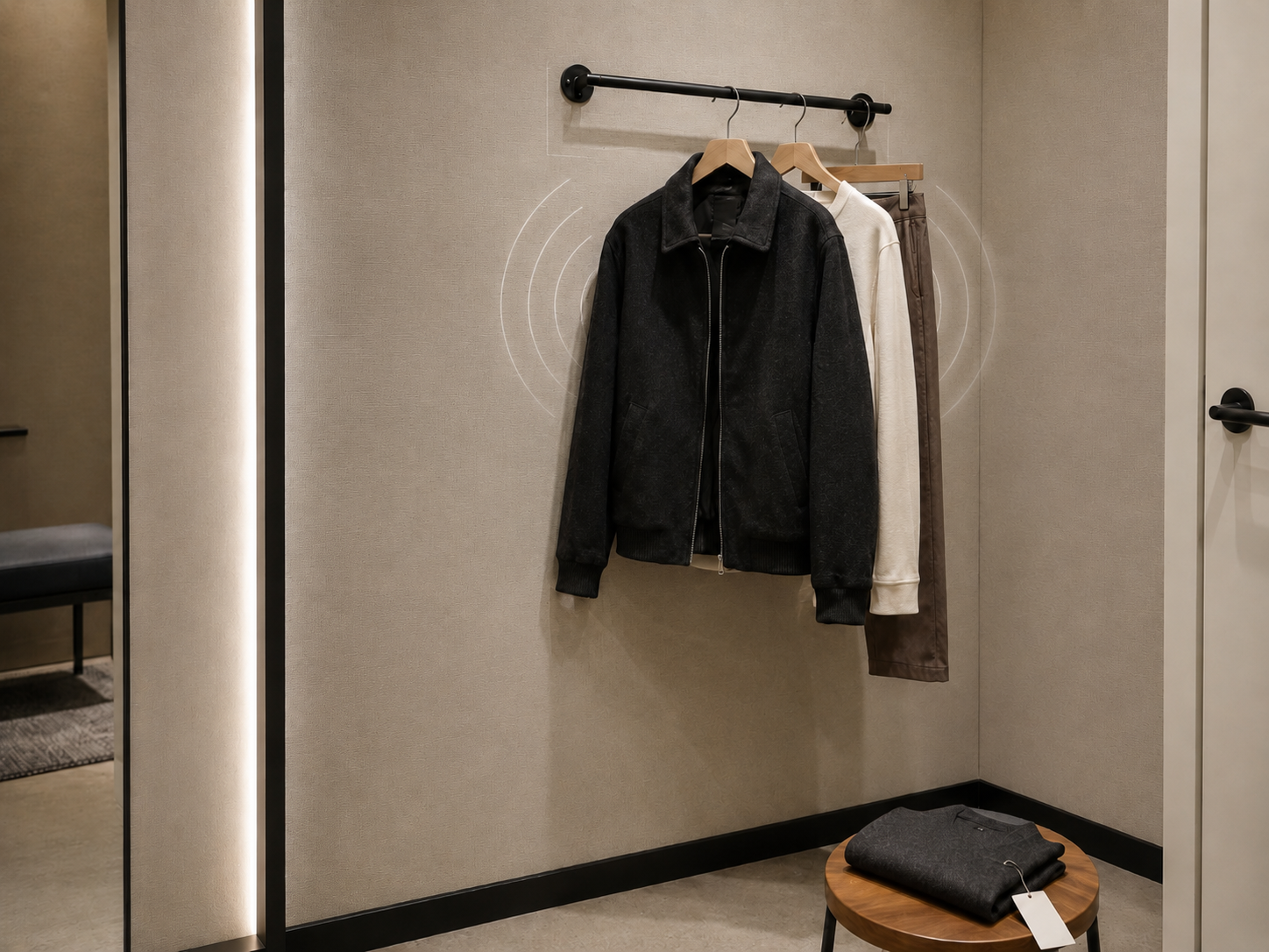 RFID-enabled fitting room showing item visibility, shopper session, and team alert flow.