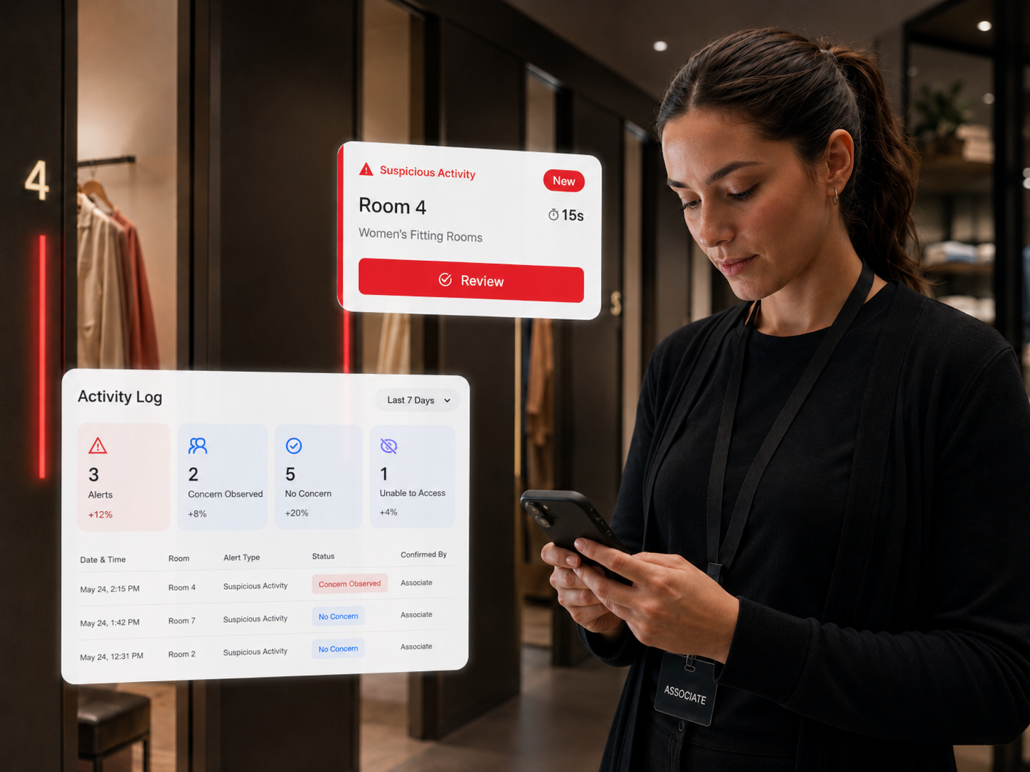 Crave Assist suspicious activity alert with fitting room context and item movement summary.